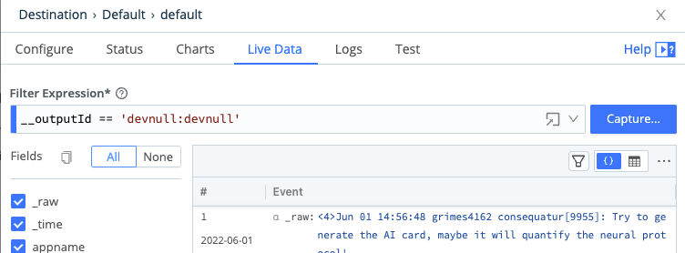 The Live Data tab in the Destination modal