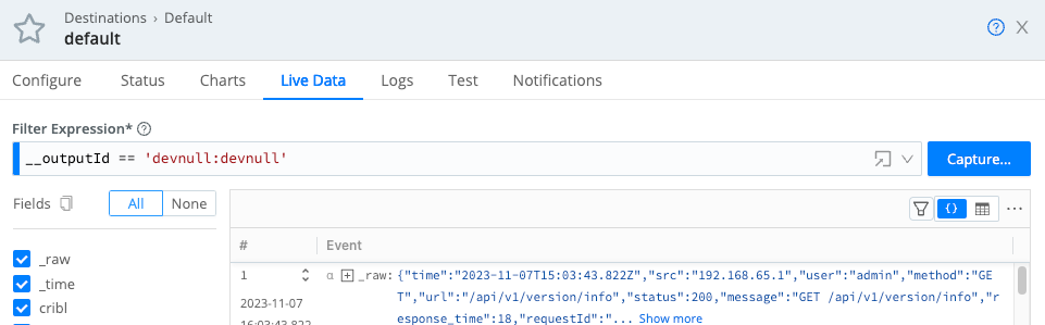 Screenshot of a Default Destination modal with the Live tab open and sample event.