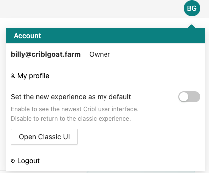 User menu with options to return to the classic UI