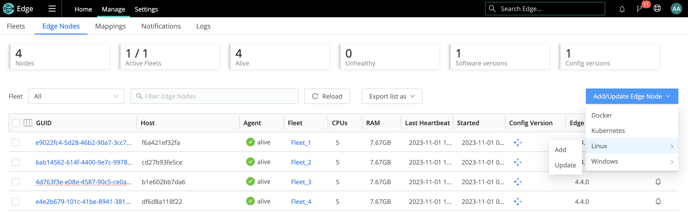 Options to add or update an Edge Node