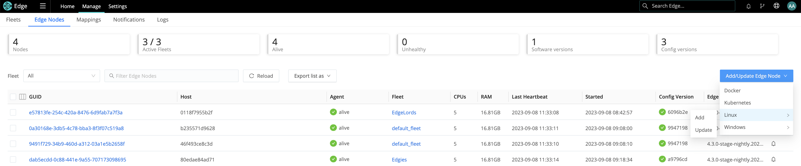 Options to add or update an Edge Node