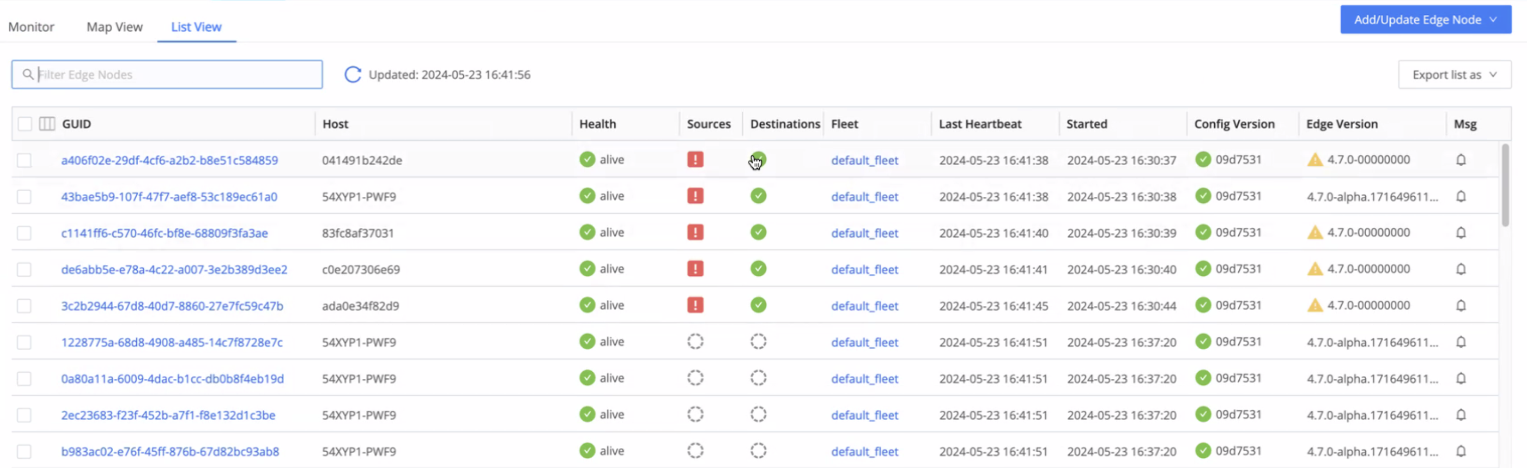 The Edge Node list view shows a list of all the Nodes in a Fleet
