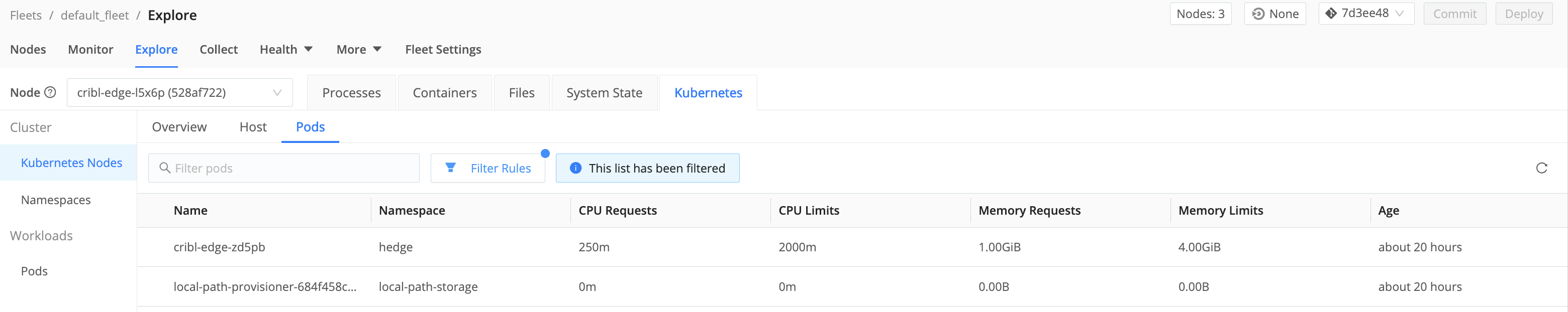 Kubernetes node: Pods tab
