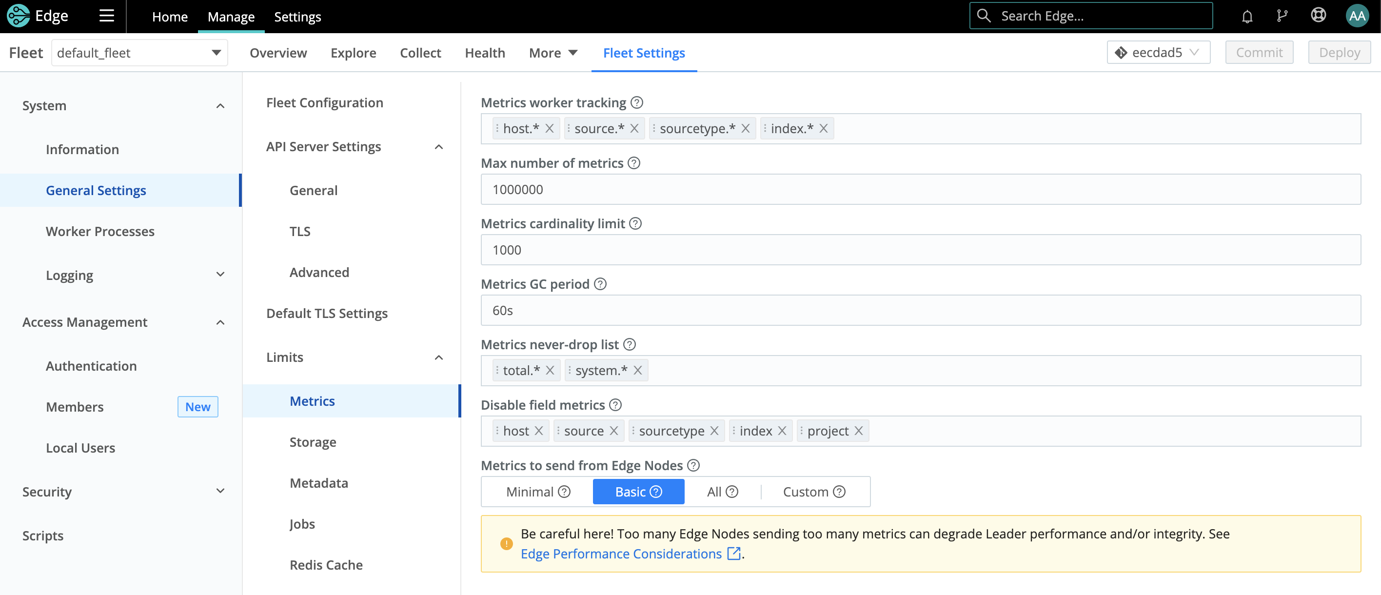 Metrics settings for Cribl Edge Fleets