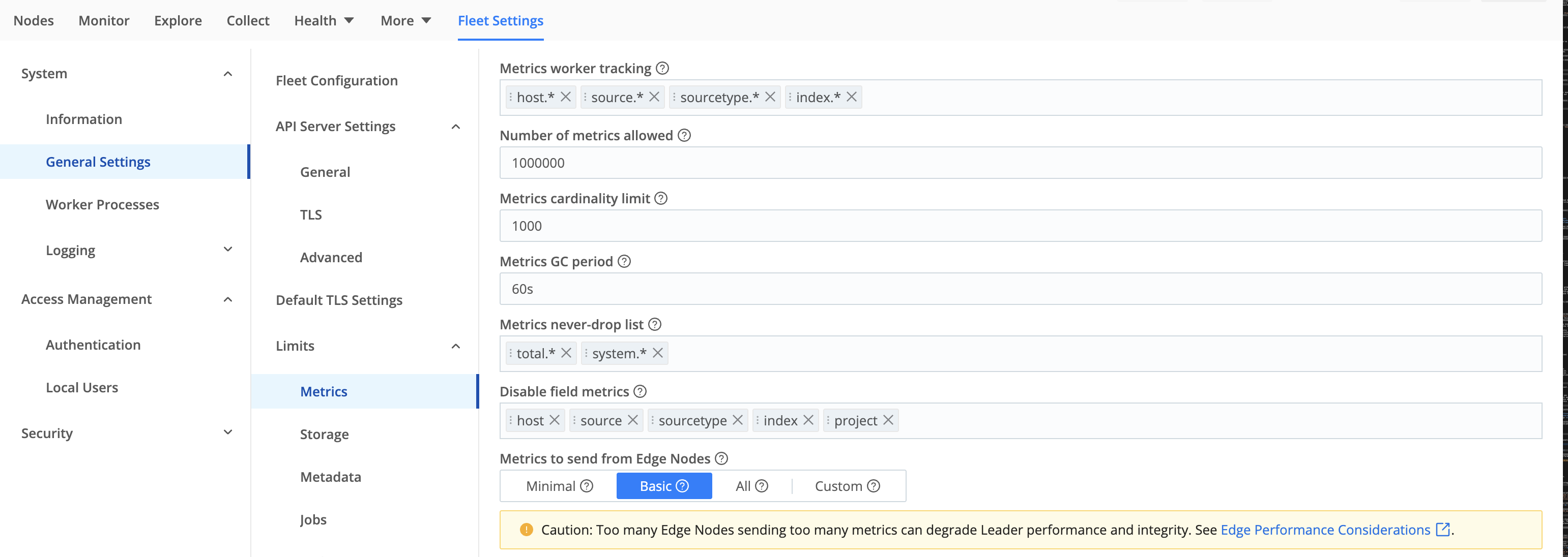 Metrics settings for Cribl Edge Fleets
