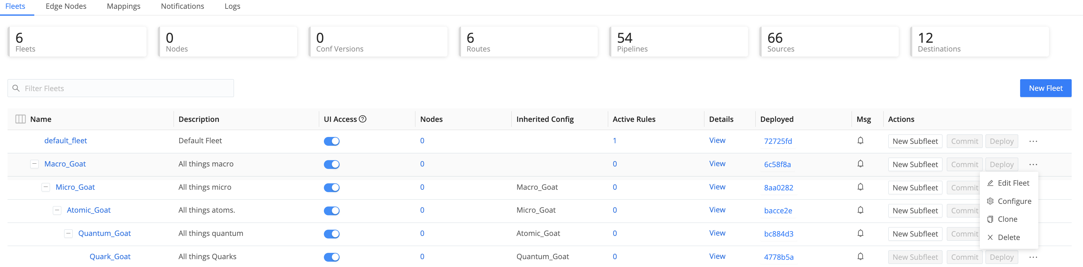 Edit, Configure, Clone, and Delete Fleets and Subfleets