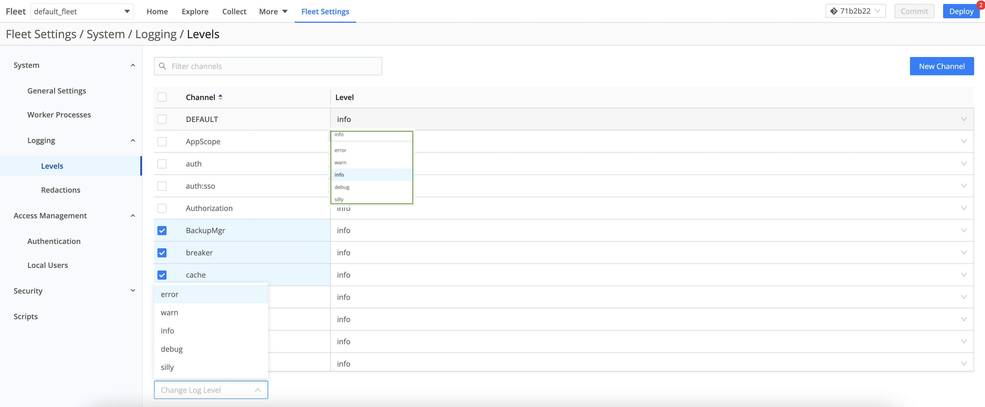 Manage Logging Levels page