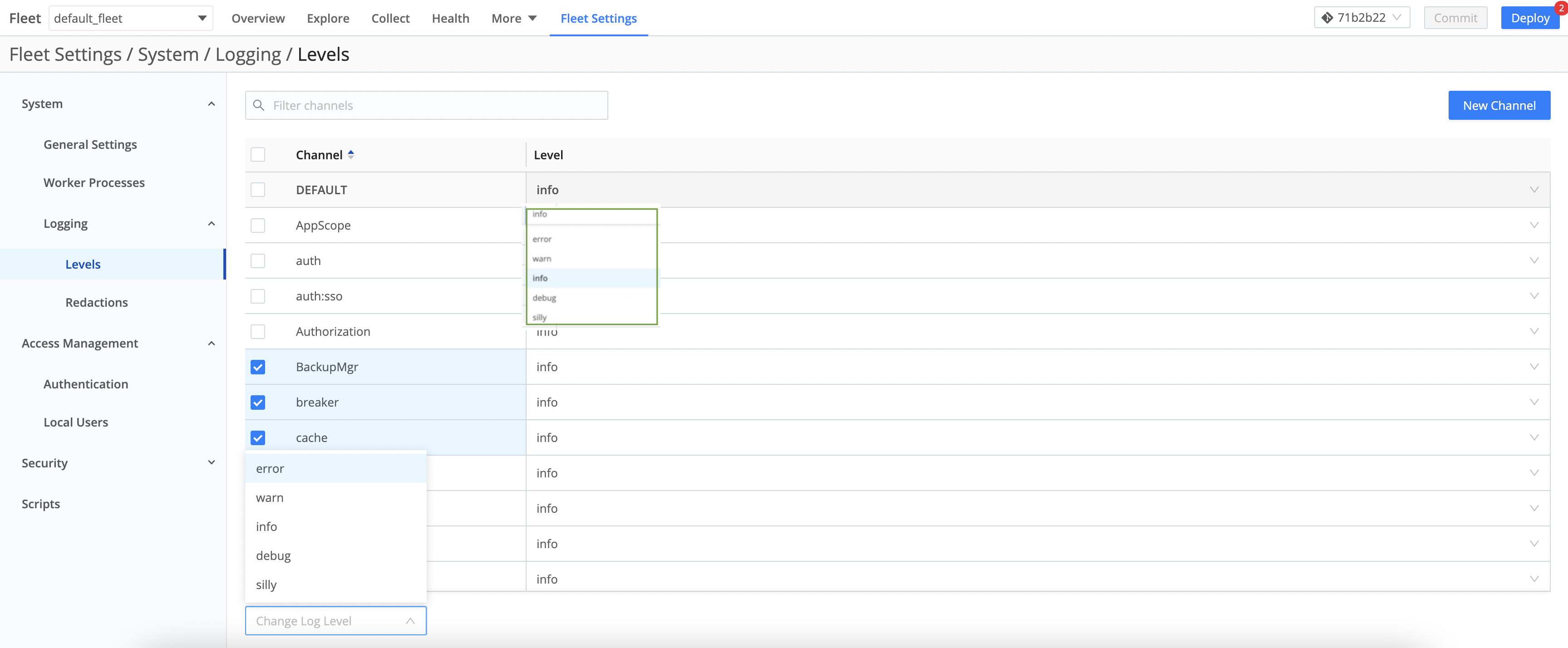 Manage Logging Levels page
