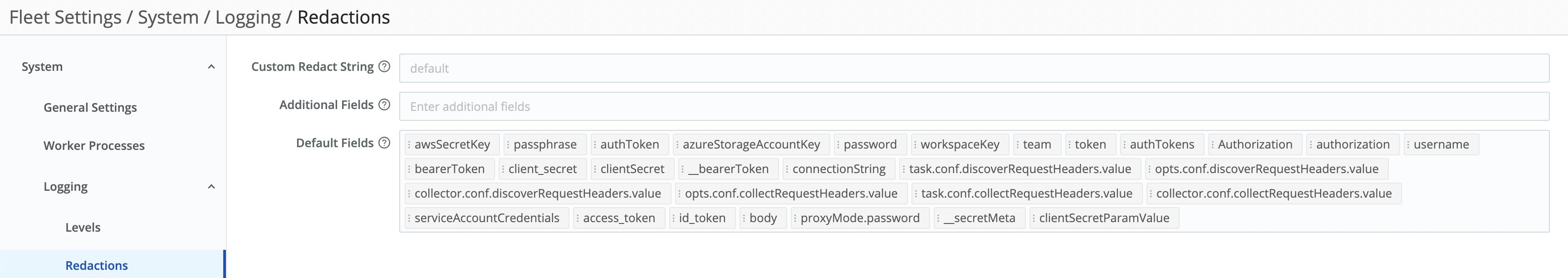 Redact Internal Log Fields page