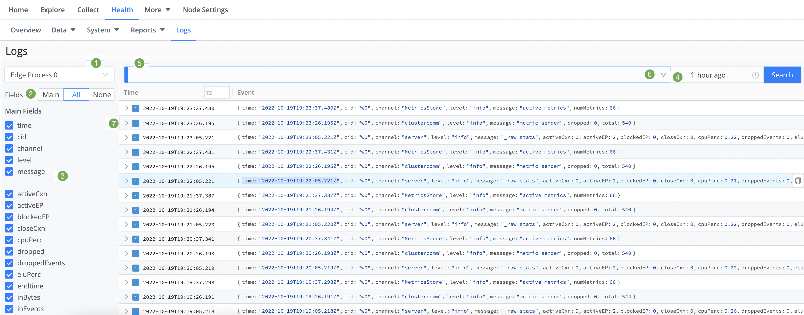 Logs page (controls highlighted)