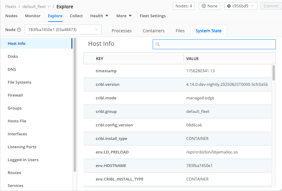 An Edge Node&rsquo;s Explore view, with System State open to the Host Info tab