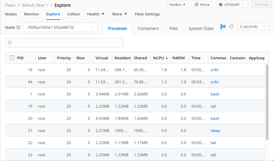 Explore view of a single Edge Node, with Processes tab open, listing all the processes running on the Node