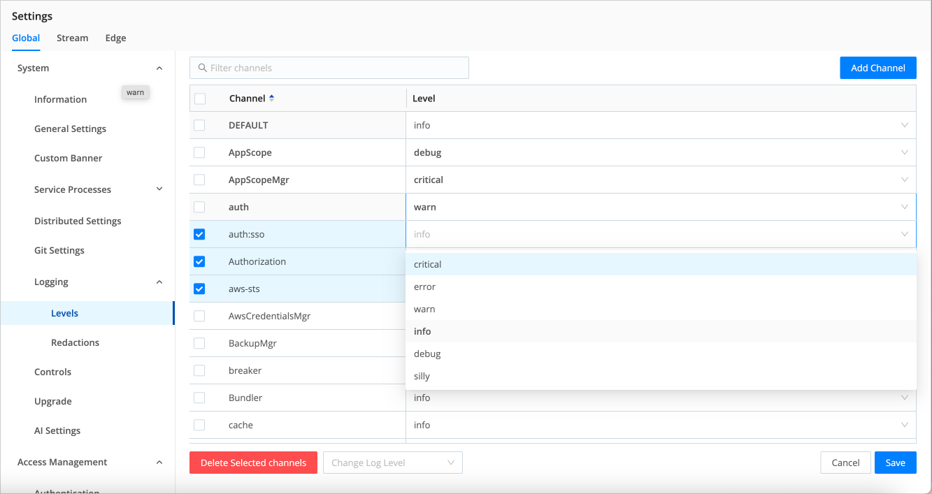 Manage Logging Levels page