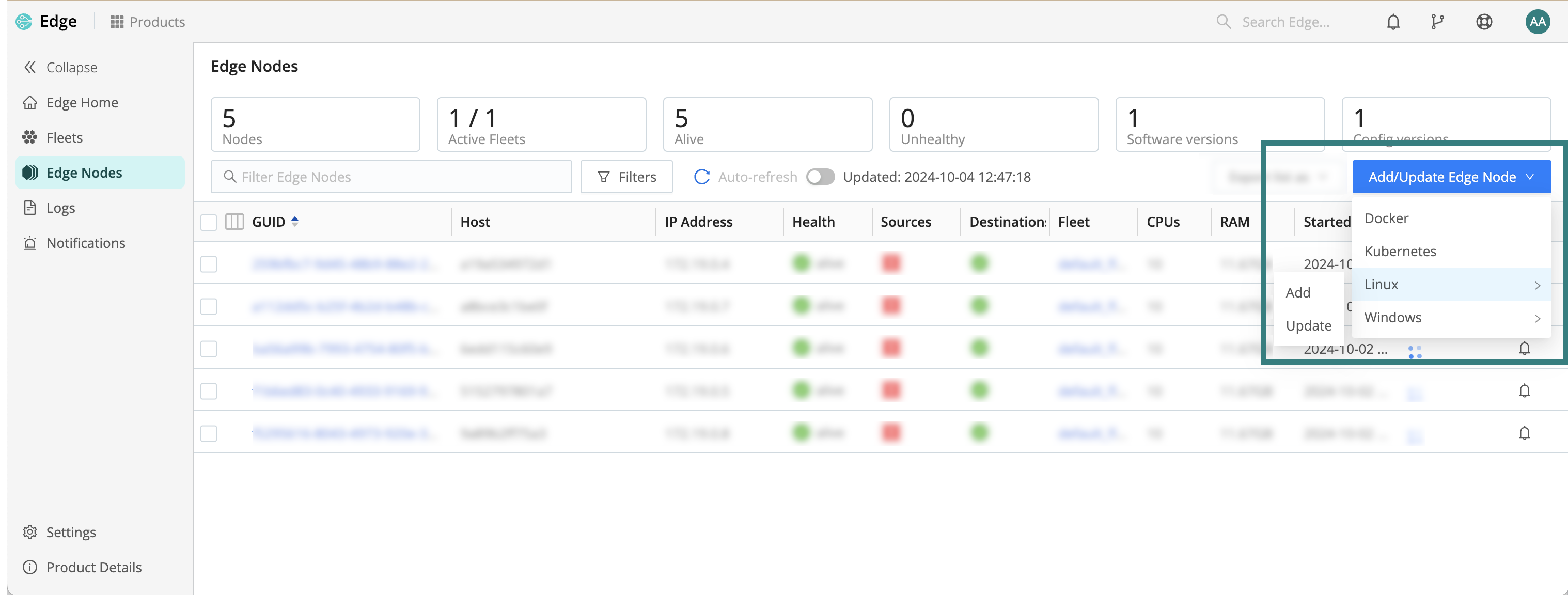 Options to add or update an Edge Node
