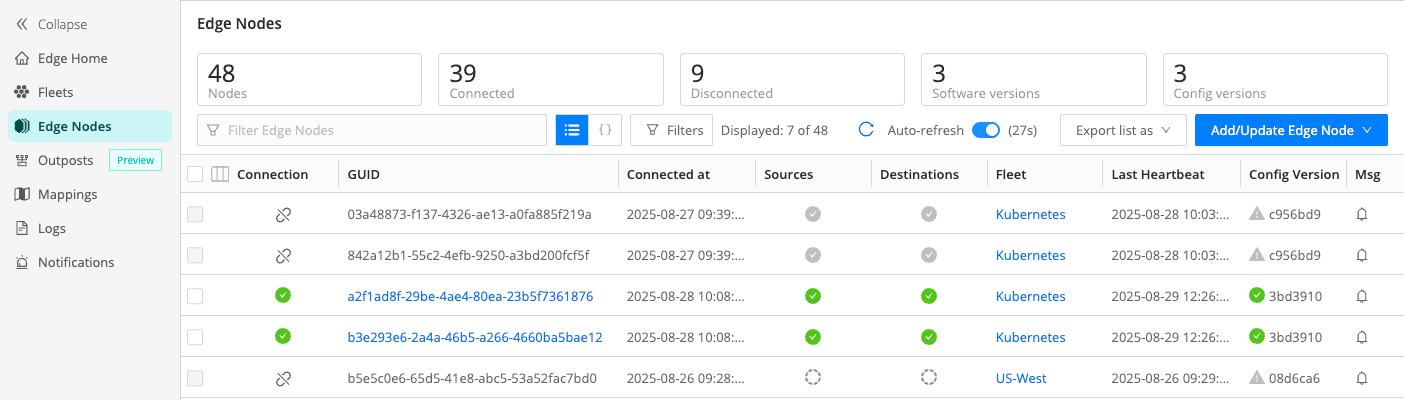 Edge Nodes page, displaying a table with Edge Nodes, some connected, some disconnected, and their status information