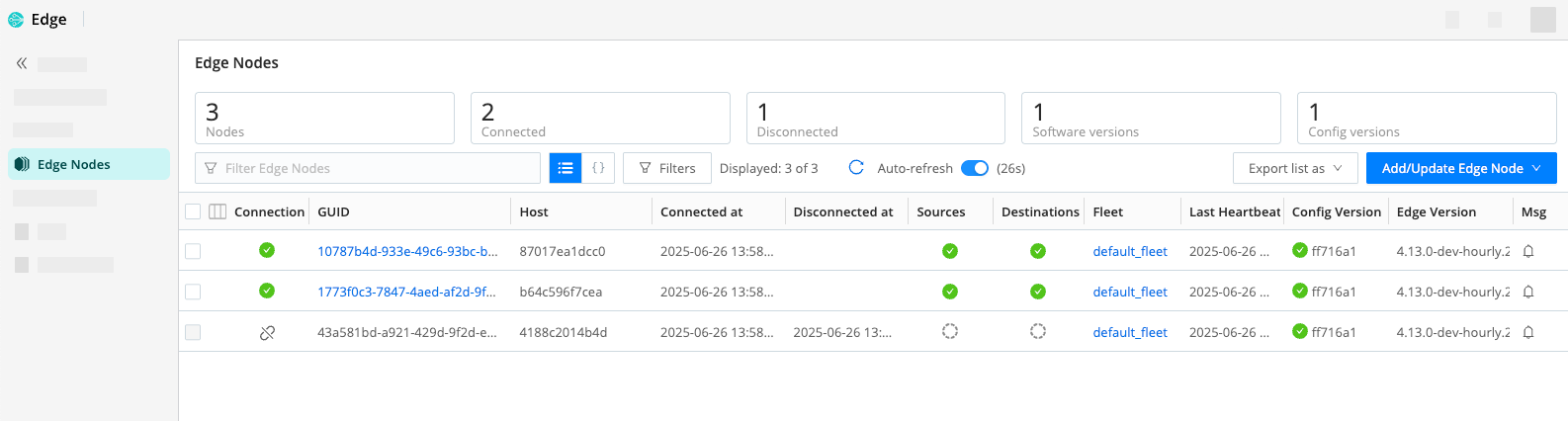 Edge Nodes page showing a list of Nodes