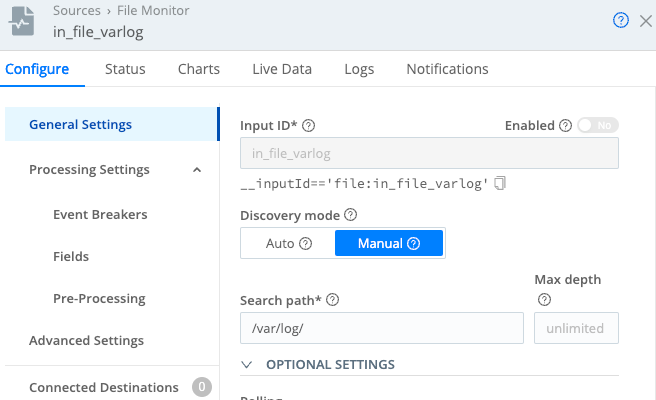 File Monitor configuration modal with default settings.
