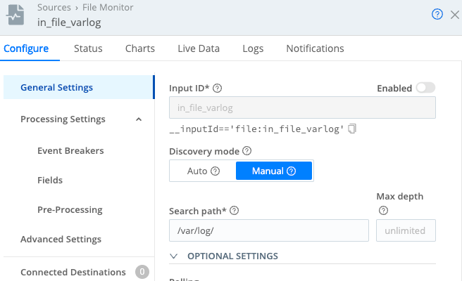 File Monitor configuration modal with default settings.