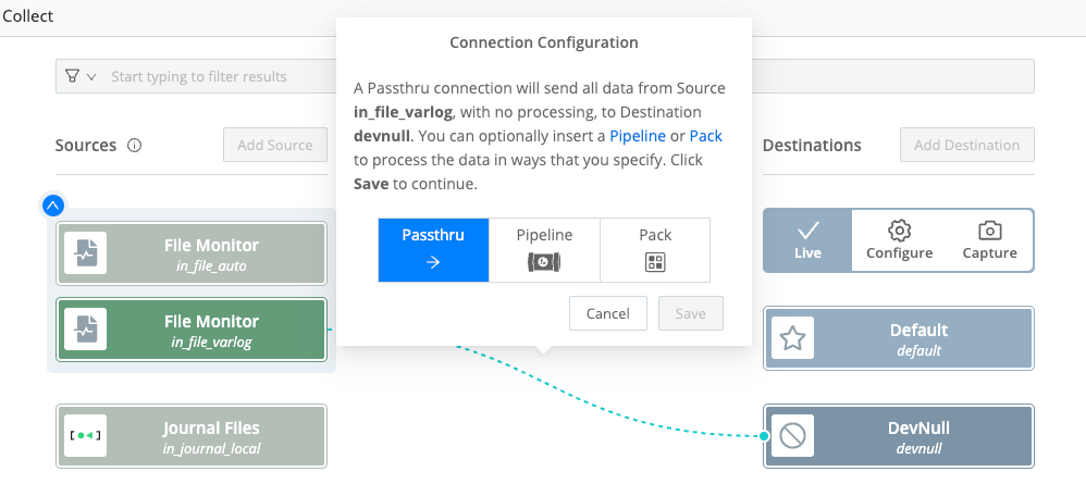 QuickConnect UI with a new connection between File Monitor and DevNull.