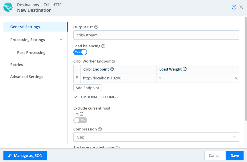 Cribl HTTP Destination modal with endpoint configured.