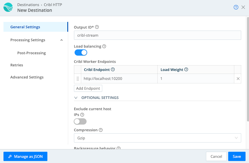 Cribl HTTP Destination modal with endpoint configured.