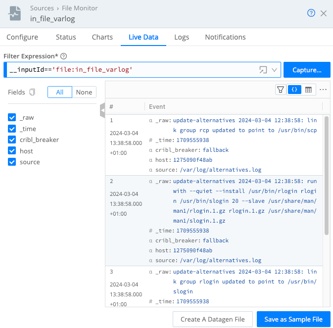 File Monitor modal with sample data captured in the Live Data tab.