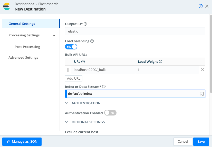 Elasticsearch Destination configuration