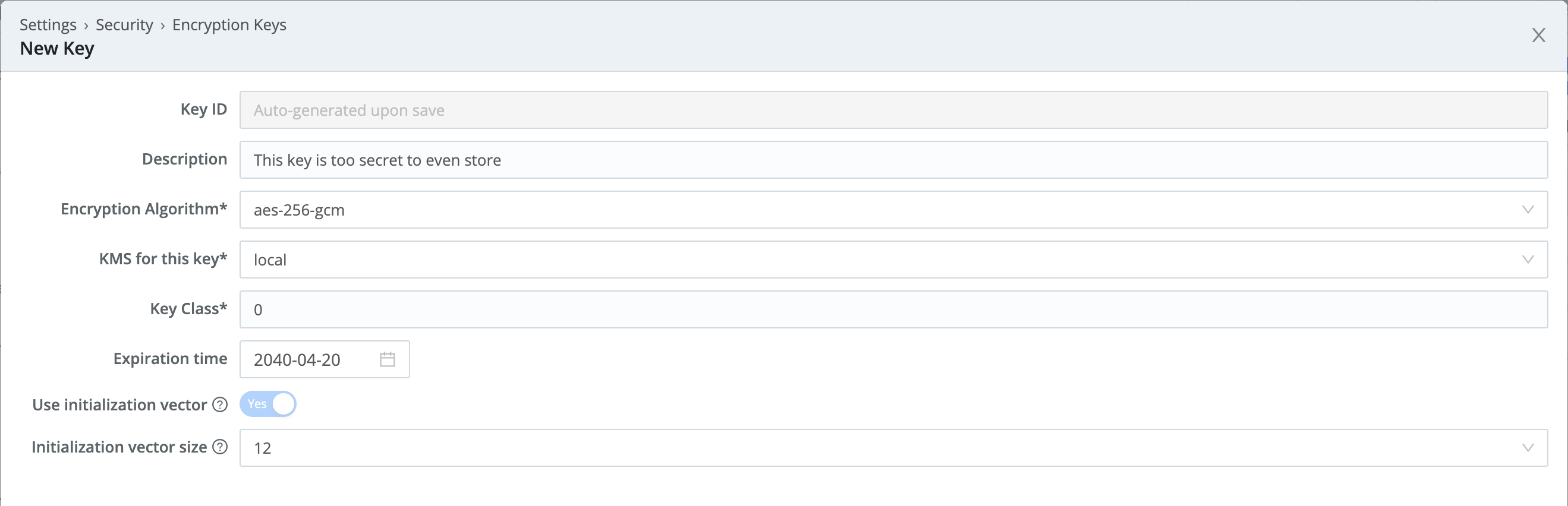 New Key configuration modal