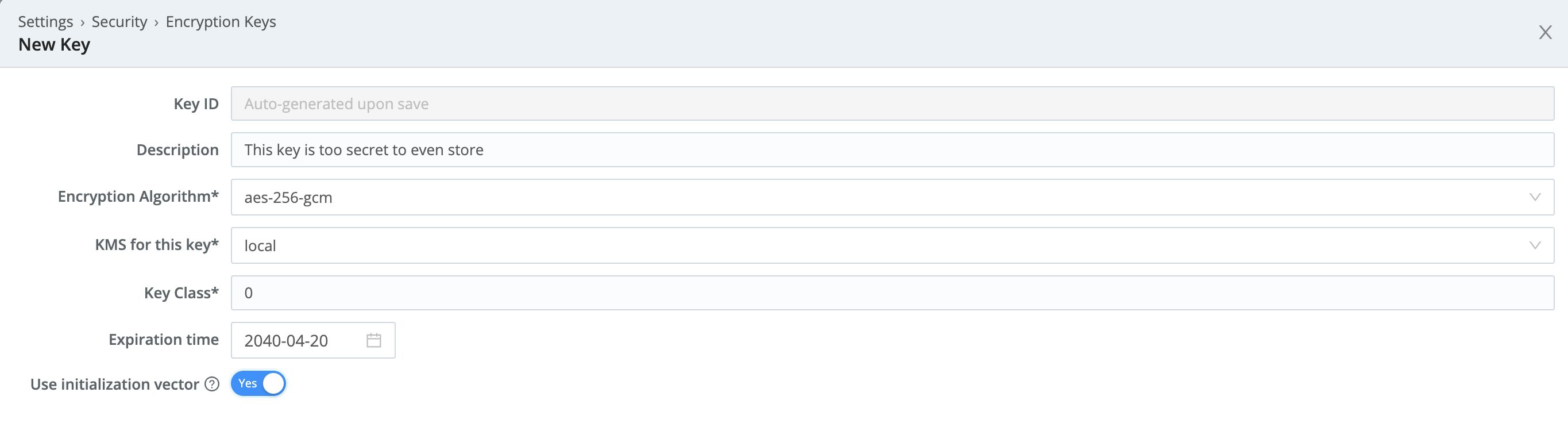 New Key configuration modal
