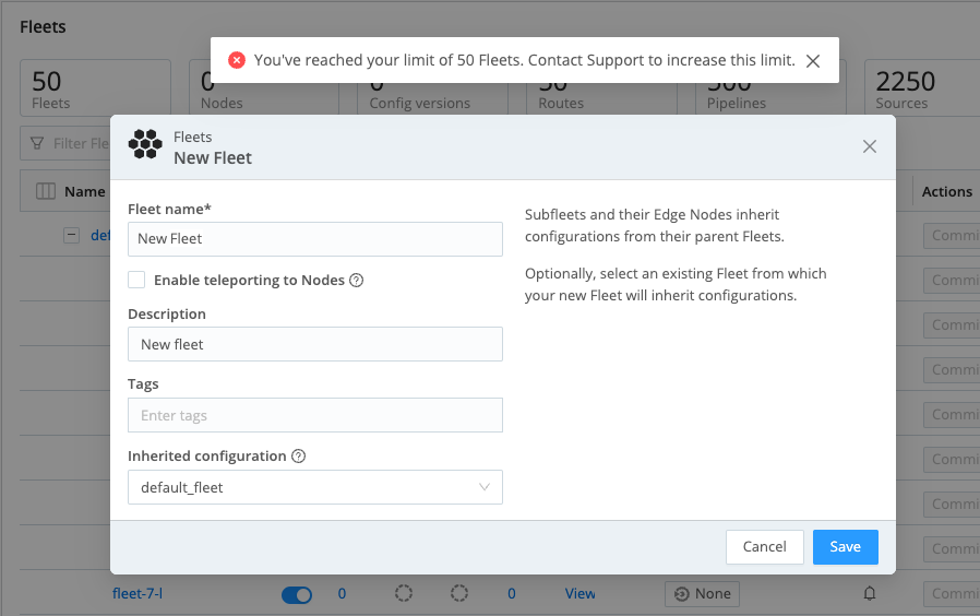 Fleet limit warning banner showing a 50 Fleet cap