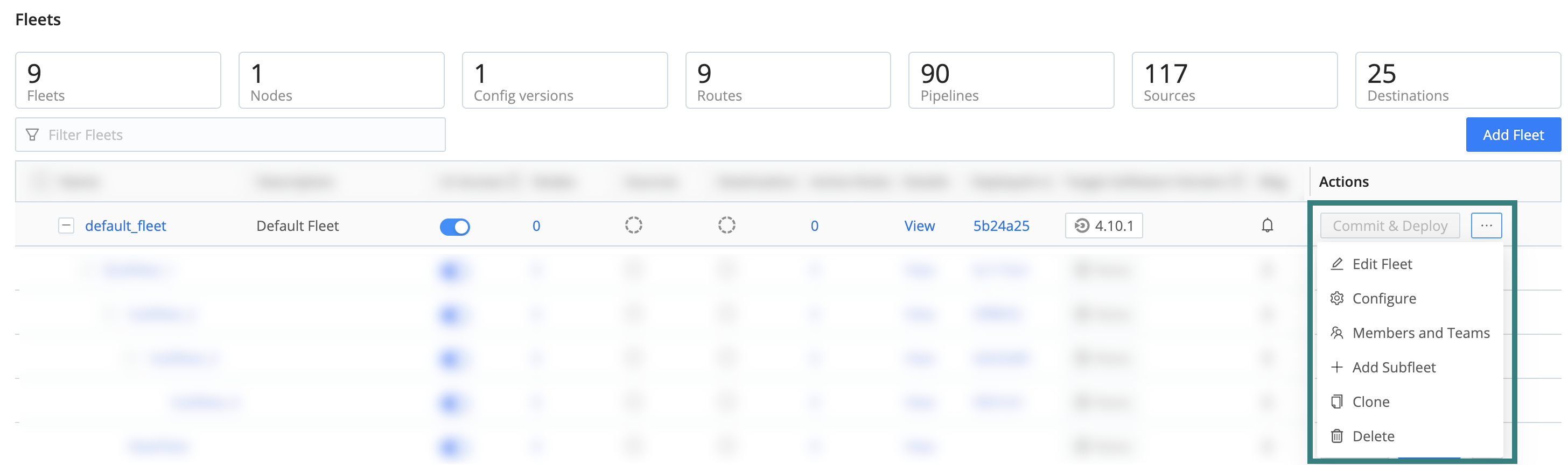 A menu flyout listing the Fleet options