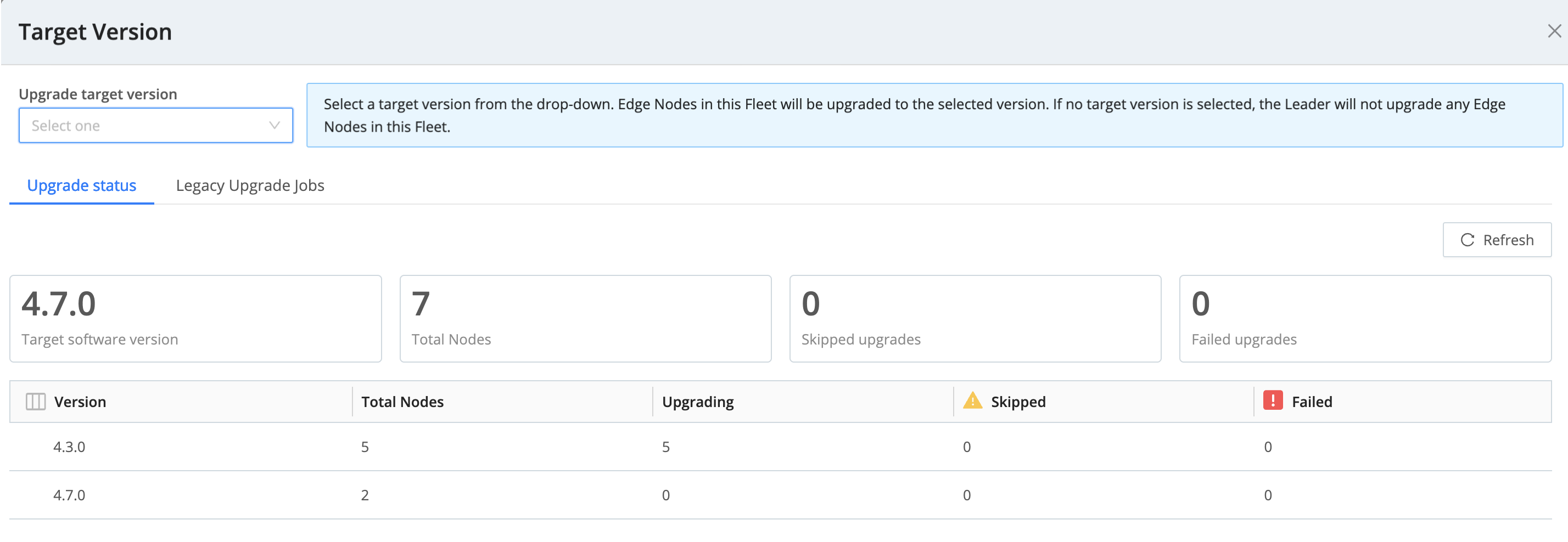 A popup window titled &ldquo;Target Version&rdquo; that shows the upgrade status of Edge Nodes in a Fleet