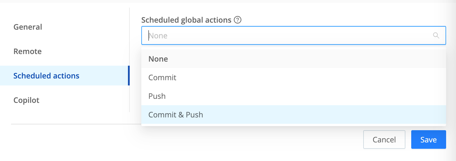 Git Scheduled Actions selection