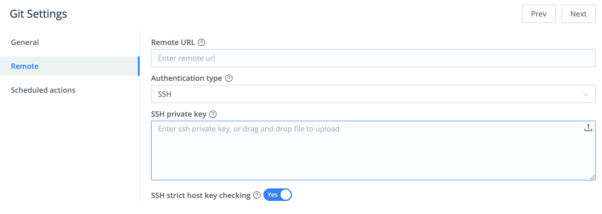 Git Authentication Type settings