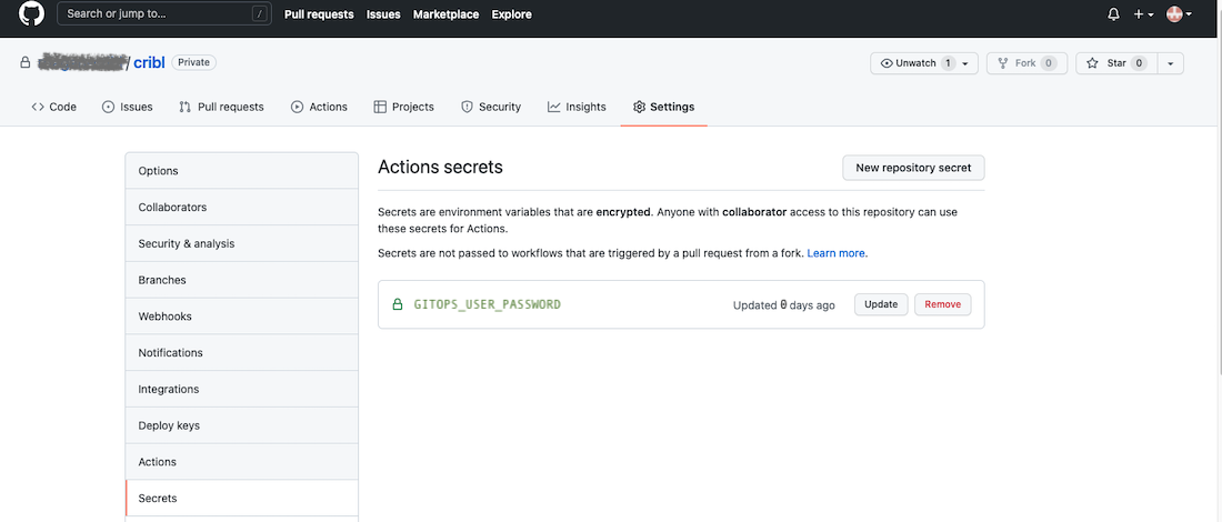 The GitOps user password has been uploaded to GitHub