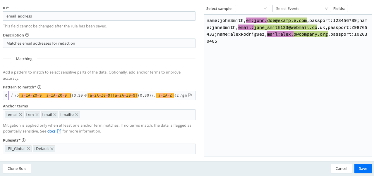 Cribl Guard rule set up to redact email addresses