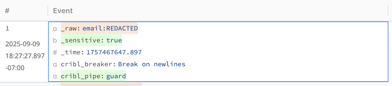 Cribl Guard output preview with email field redacted