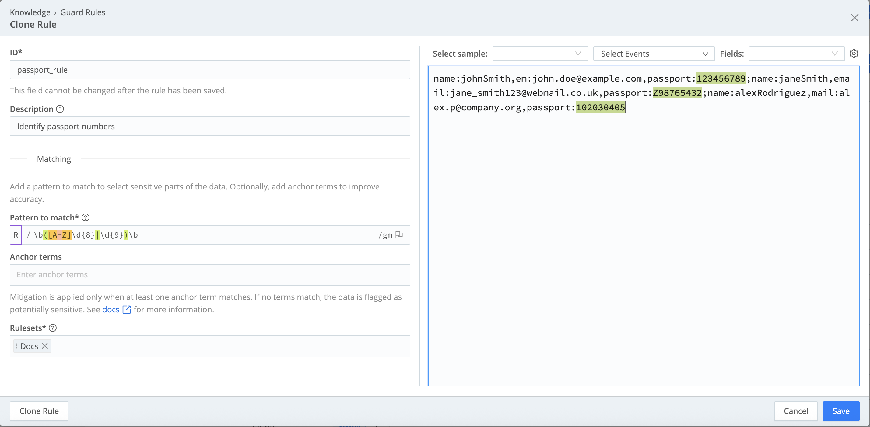 Cribl Guard rule set up to redact passport numbers