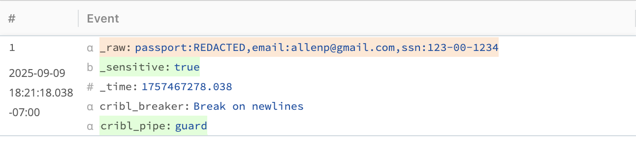 Cribl Guard output preview with passport field redacted