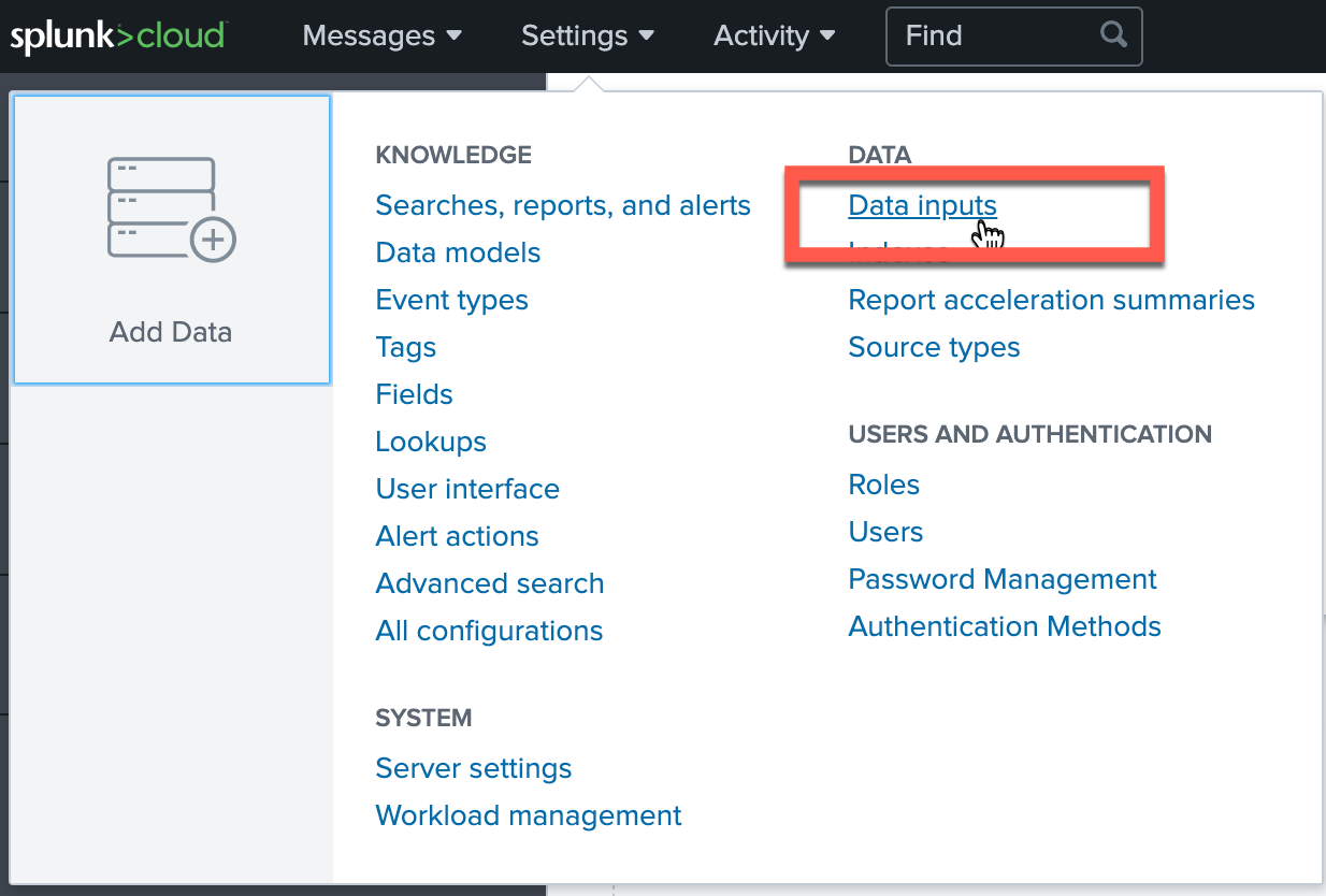 Settings > Data inputs