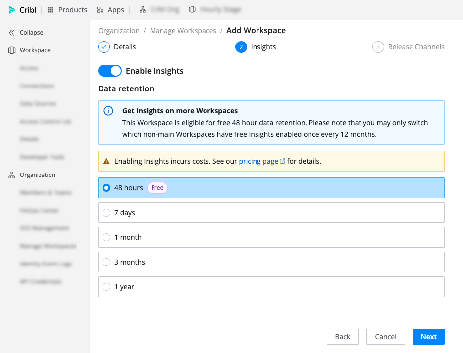 Add Workspace Insights step with Enable Insights toggle and data retention options