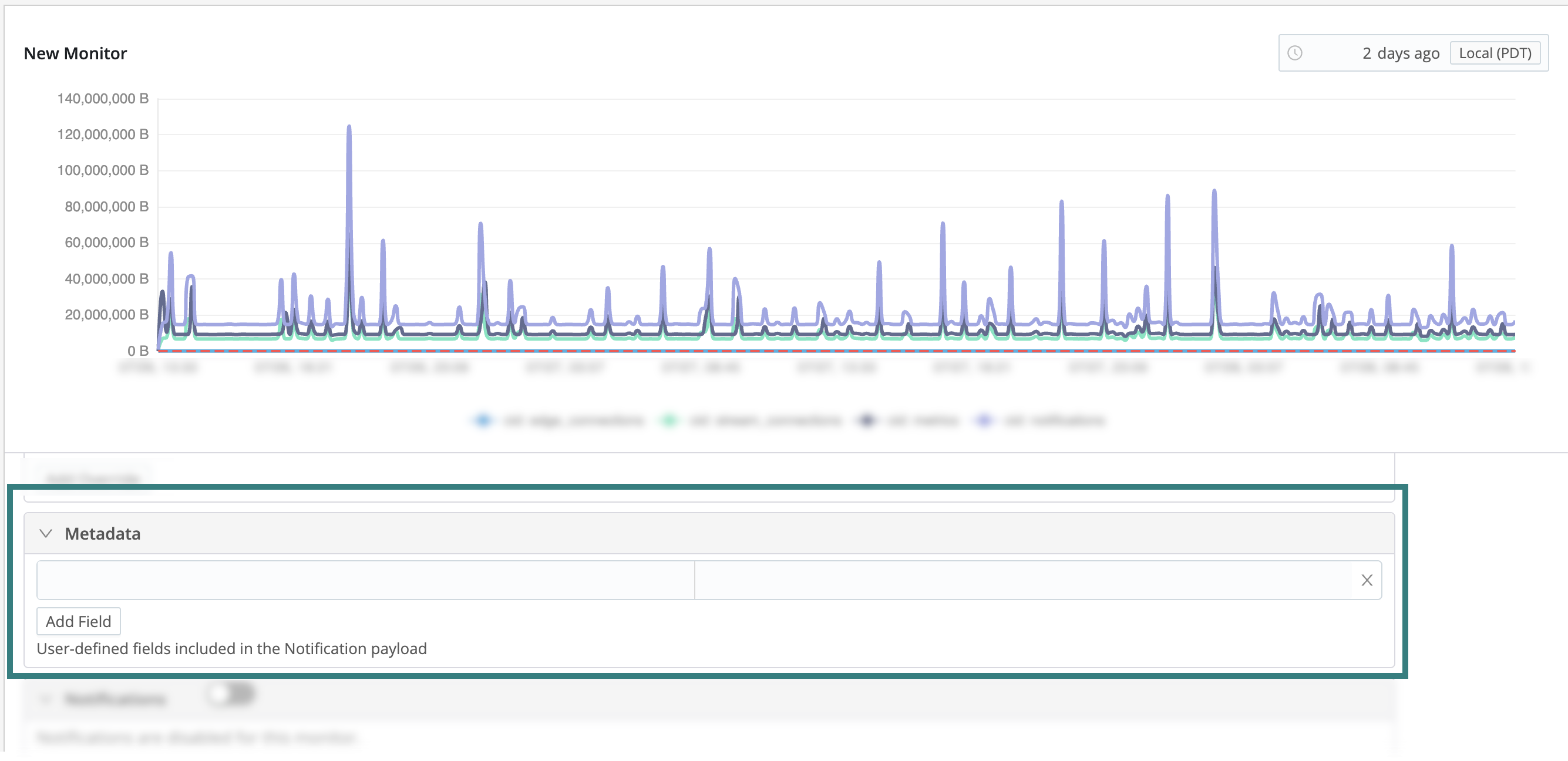 Monitor Metadata section with key/value fields and Add Field