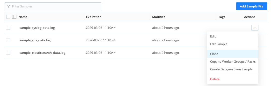 View and manage sample files in the Knowledge objects library
