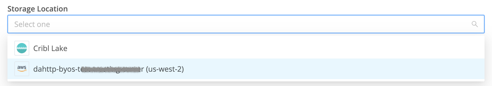Screenshot of a Cribl Lake Dataset configuration&rsquo;s Storage Location drop-down, showing selection of an external S3 bucket.