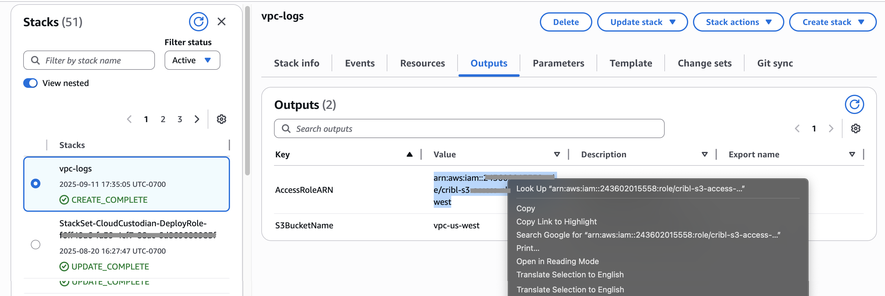 Screenshot of newly created AWS stack&rsquo;s Outputs tab, showing how to copy the bucket&rsquo;s AccessRole ARN value.