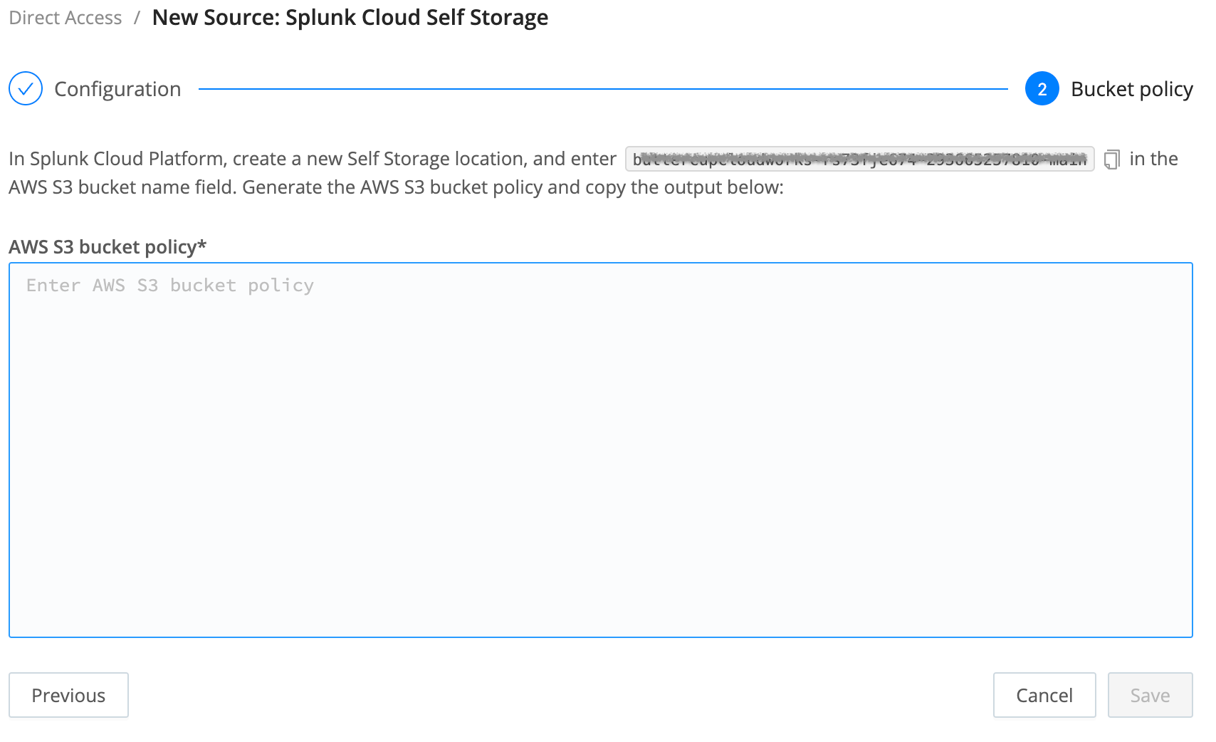 Cribl Lake modal for bucket name and policy