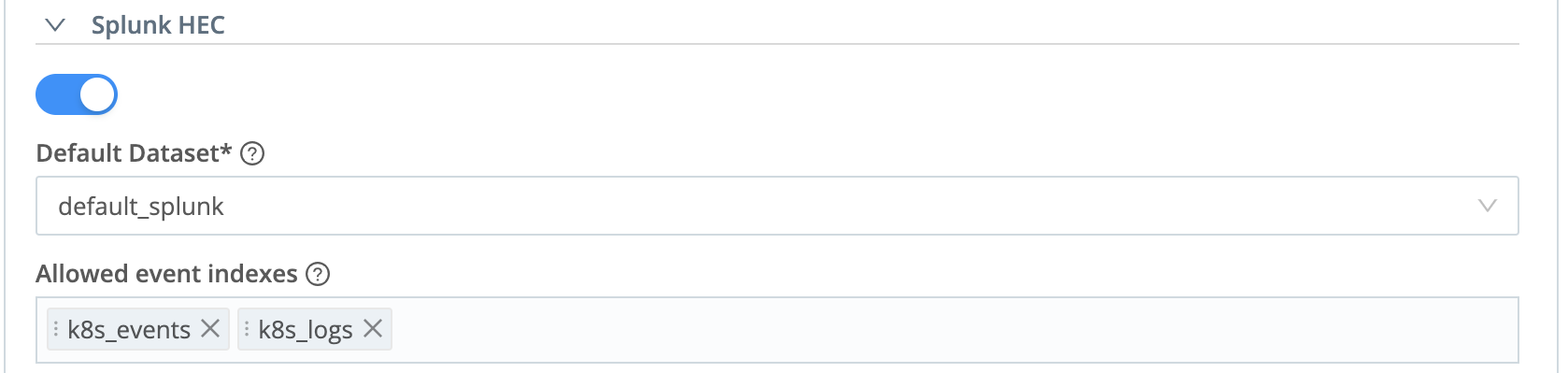 Screenshot of Splunk HEC configuration options, showing &ldquo;Default Dataset&rdquo; and &ldquo;Allowed even indexes&rdquo; controls.