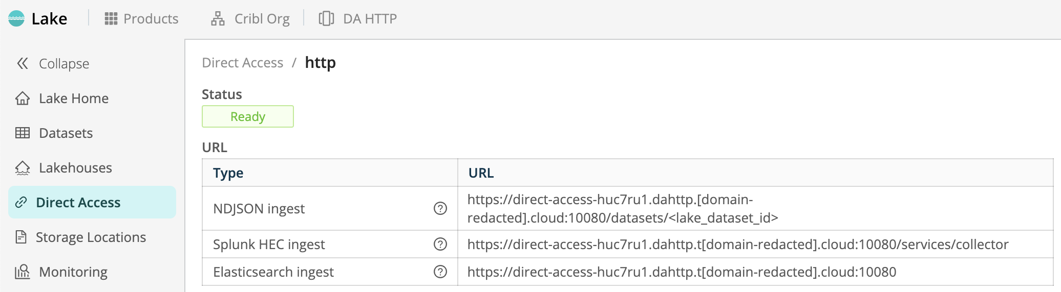 Screenshot of Direct Access (HTTP) configuration showing &ldquo;Ready&rdquo; badge and &ldquo;URL&rdquo; table of ingest endpoints..