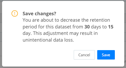 A modal showing warning that shortening the retention period may result in data loss