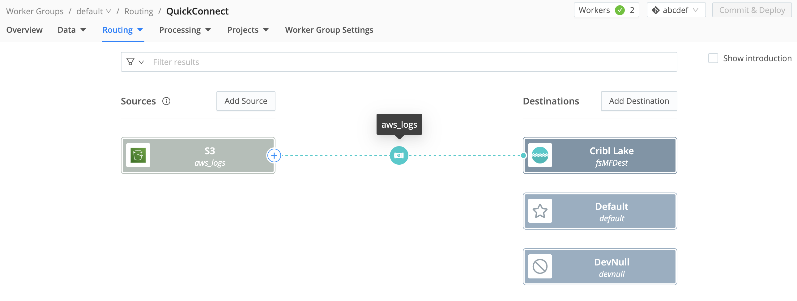 Screen capture of example Cribl Stream QuickConnect routing, connecting S3 Source to Cribl Lake Destination through simple Pipeline.